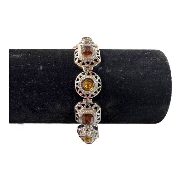 Vintage Silver & Citrine Stone Link Bracelet With Toggle Clasp 7" - 8" Art Deco - Picture 1 of 6